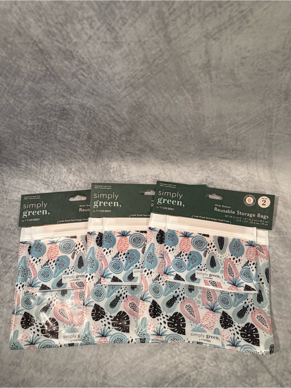 Lot of 3 Simply Green Reusable Storage Bag Sets Fruit Print Food Safe